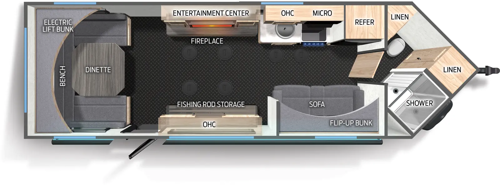 The Campsite Ice 21DM floorplan has one entry and zero slide outs. Exterior features include: metal exterior. Interiors features include: bunk beds and u-dinette.